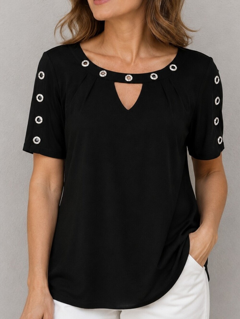 PERSEPTION CONCEPT Black Rivet Embellished Short Sleeve Keyhole Top
